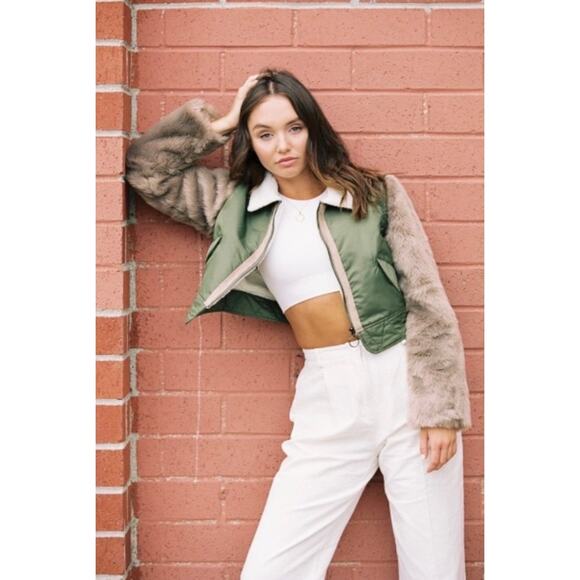 Shaci Cropped Bomber Jacket Faux Fur Sleeves Olive Green Small Streetwear - Picture 1 of 13